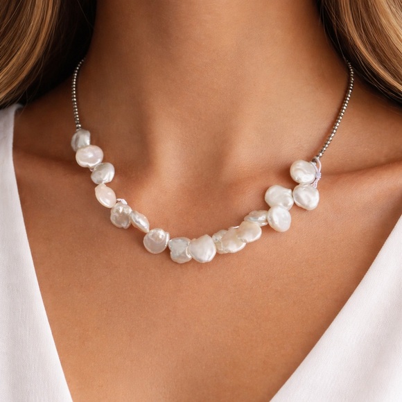 Iris & Lily Necklace Freshwater genuine Pearls Sterling Silver 16